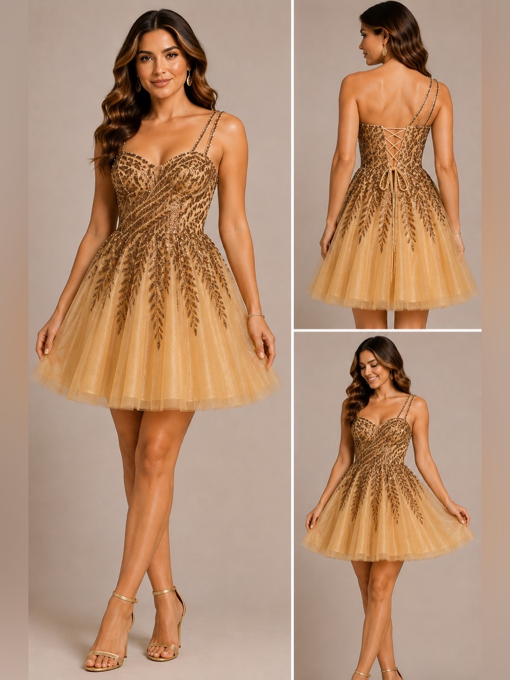 VIP Bridal Gold Sequin Corset Tulle One Shoulder Mini Dress Size 8
